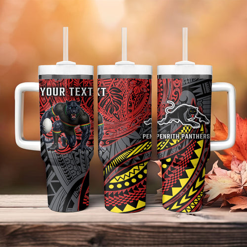 Personalised Penrith Panthers Tumbler With Handle Polynesian Tribal Art Style With Fierce Panther Mascot