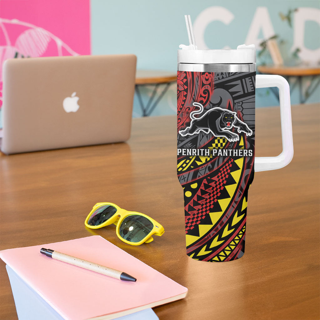 Personalised Penrith Panthers Tumbler With Handle Polynesian Tribal Art Style With Fierce Panther Mascot