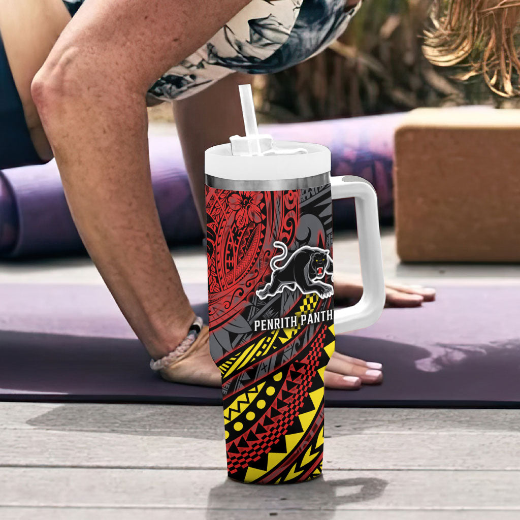 Personalised Penrith Panthers Tumbler With Handle Polynesian Tribal Art Style With Fierce Panther Mascot
