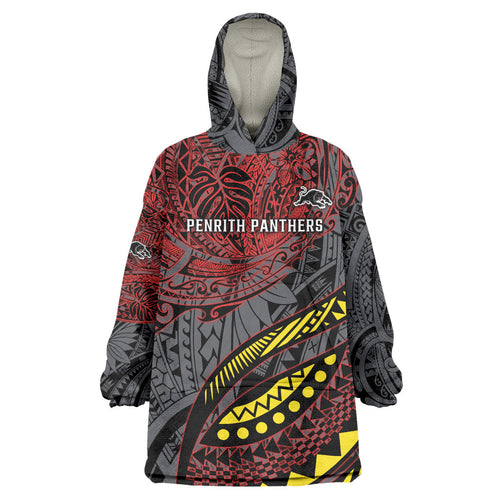Personalised Penrith Panthers Wearable Blanket Hoodie Polynesian Tribal Art Style With Fierce Panther Mascot