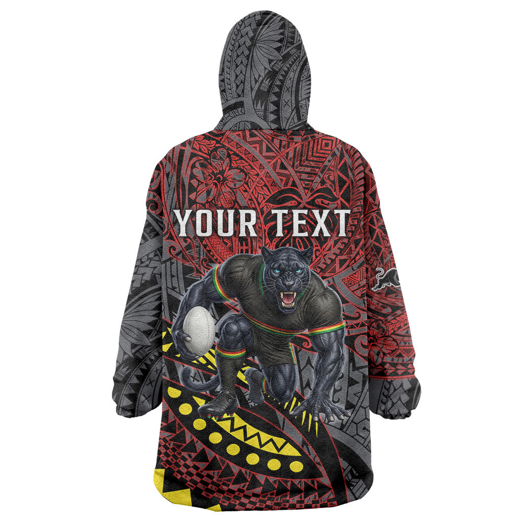 Personalised Penrith Panthers Wearable Blanket Hoodie Polynesian Tribal Art Style With Fierce Panther Mascot