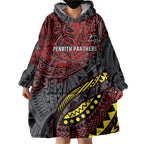 Personalised Penrith Panthers Wearable Blanket Hoodie Polynesian Tribal Art Style With Fierce Panther Mascot