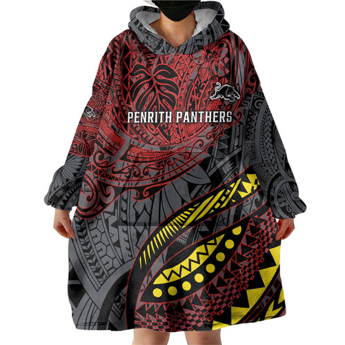 Personalised Penrith Panthers Wearable Blanket Hoodie Polynesian Tribal Art Style With Fierce Panther Mascot