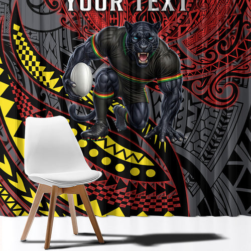 Personalised Penrith Panthers Window Curtain Polynesian Tribal Art Style With Fierce Panther Mascot