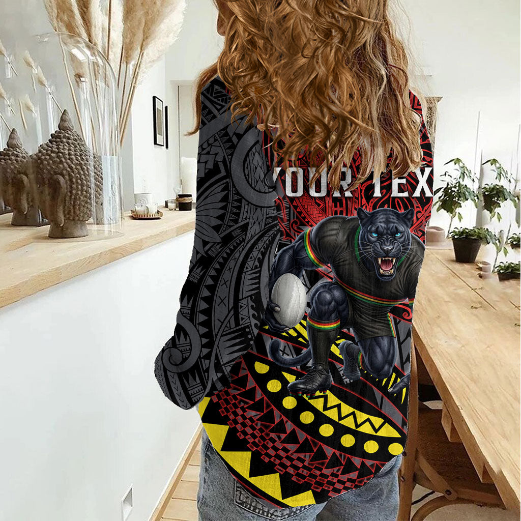 Personalised Penrith Panthers Women Casual Shirt Polynesian Tribal Art Style With Fierce Panther Mascot