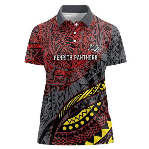 Personalised Penrith Panthers Women Polo Shirt Polynesian Tribal Art Style With Fierce Panther Mascot