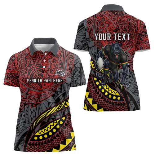 Personalised Penrith Panthers Women Polo Shirt Polynesian Tribal Art Style With Fierce Panther Mascot