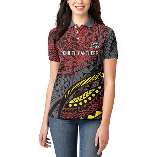 Personalised Penrith Panthers Women Polo Shirt Polynesian Tribal Art Style With Fierce Panther Mascot