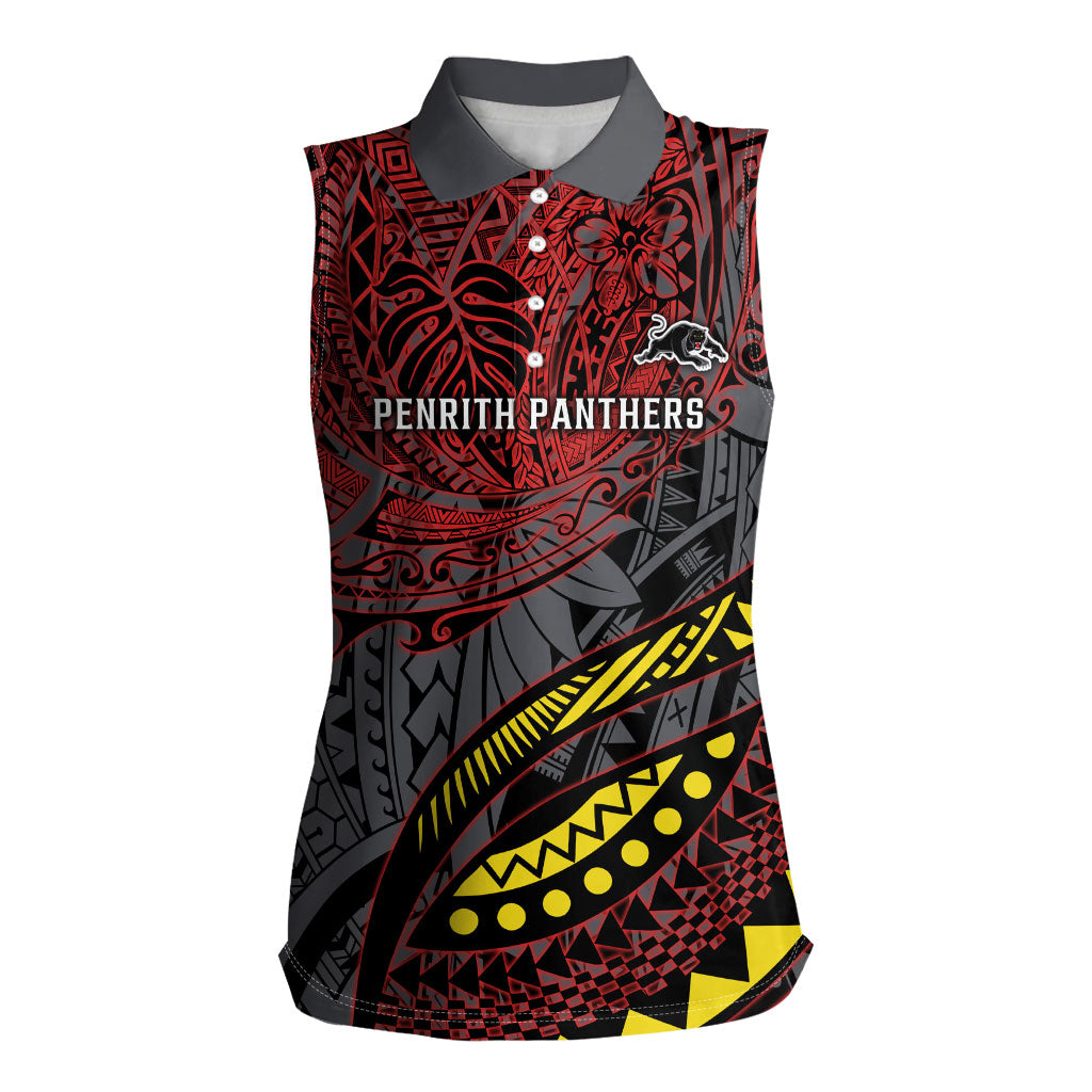 Personalised Penrith Panthers Women Sleeveless Polo Shirt Polynesian Tribal Art Style With Fierce Panther Mascot