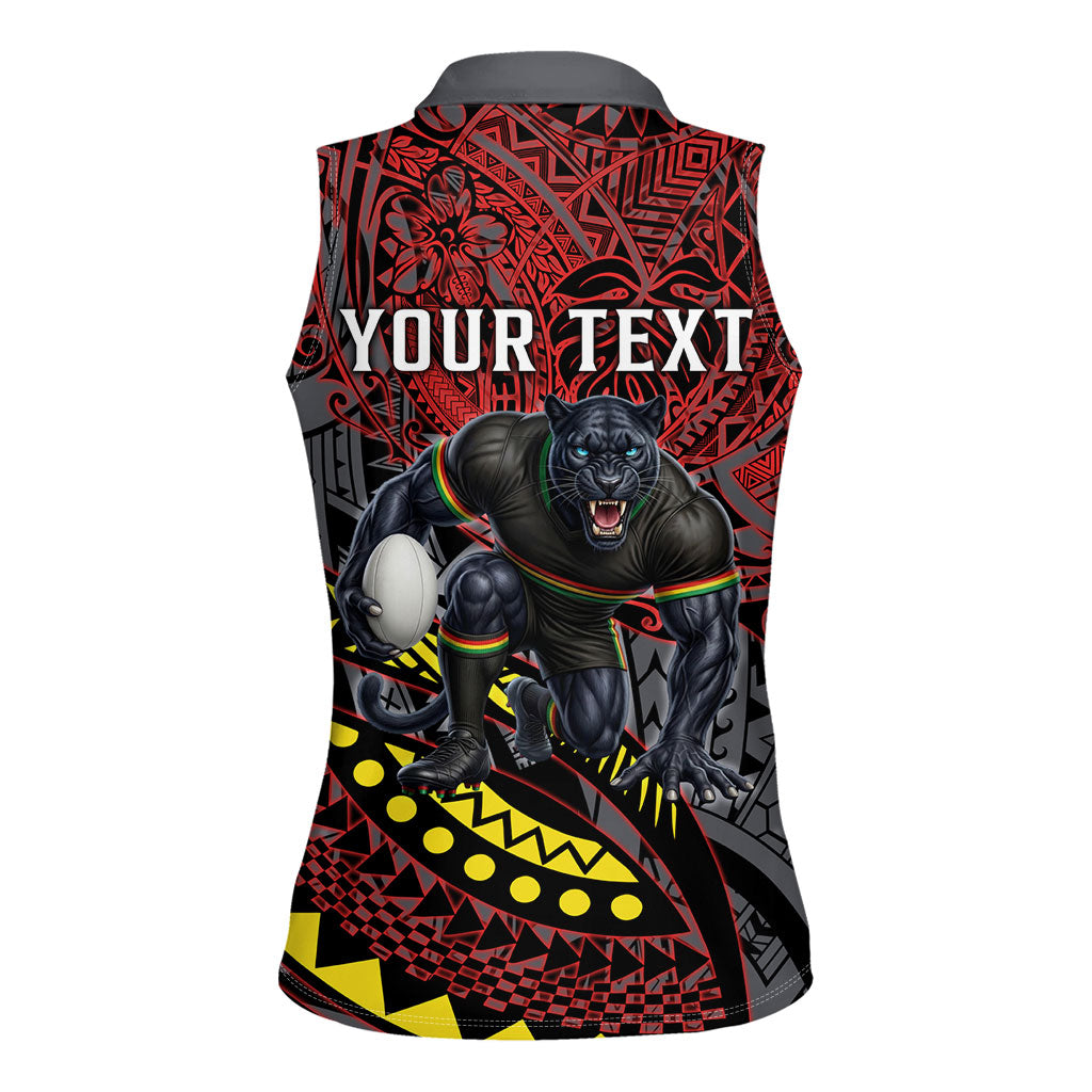 Personalised Penrith Panthers Women Sleeveless Polo Shirt Polynesian Tribal Art Style With Fierce Panther Mascot