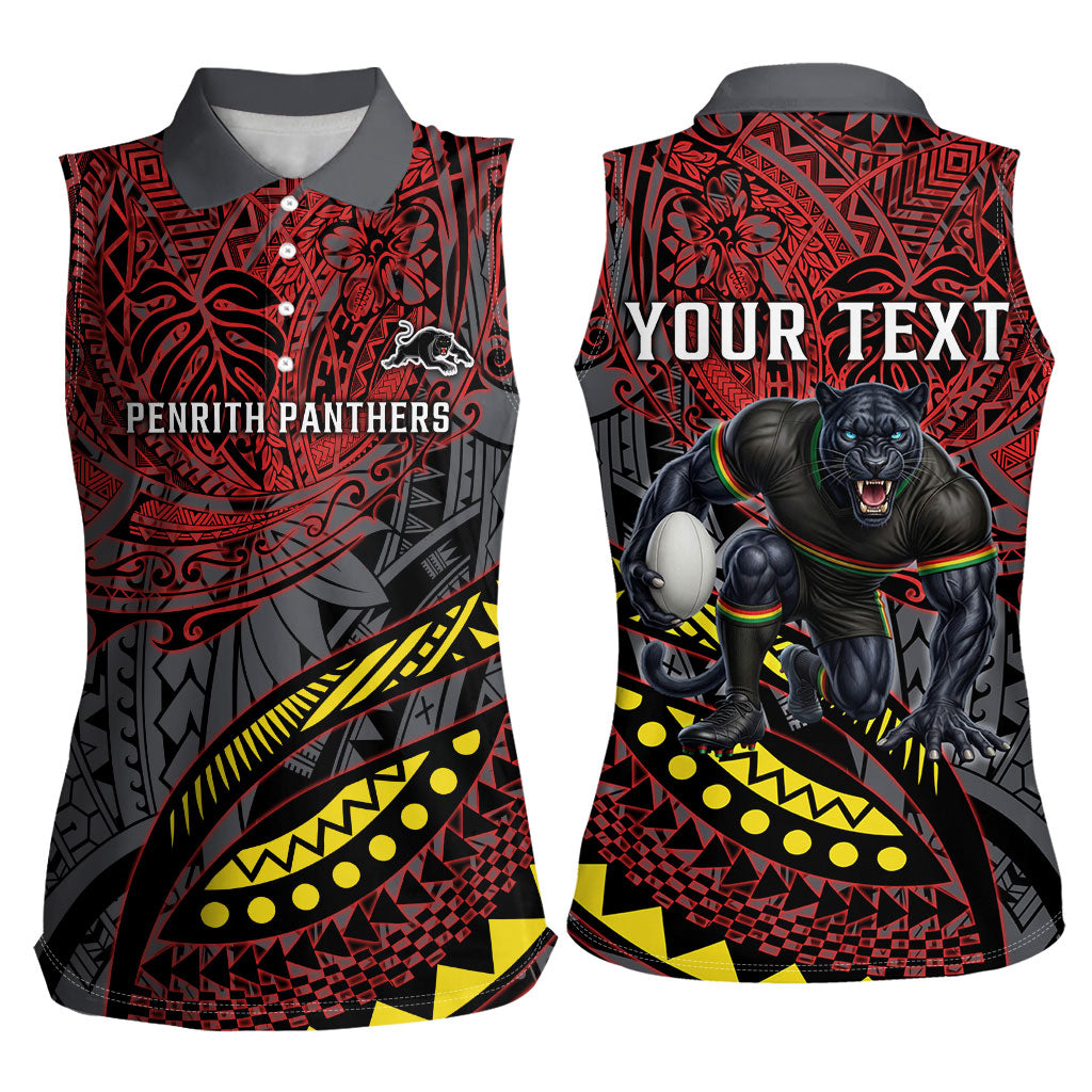 Personalised Penrith Panthers Women Sleeveless Polo Shirt Polynesian Tribal Art Style With Fierce Panther Mascot