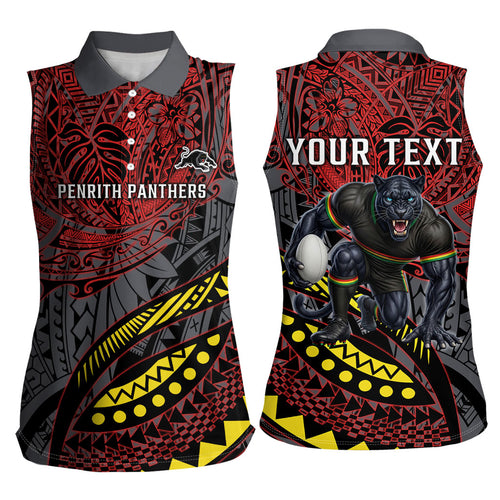 Personalised Penrith Panthers Women Sleeveless Polo Shirt Polynesian Tribal Art Style With Fierce Panther Mascot