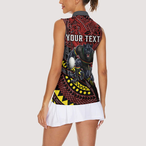 Personalised Penrith Panthers Women Sleeveless Polo Shirt Polynesian Tribal Art Style With Fierce Panther Mascot