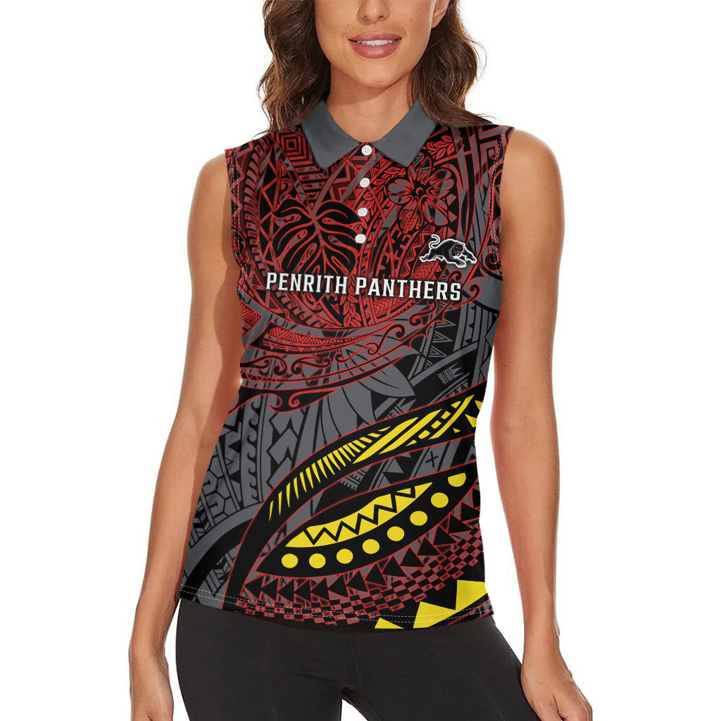 Personalised Penrith Panthers Women Sleeveless Polo Shirt Polynesian Tribal Art Style With Fierce Panther Mascot