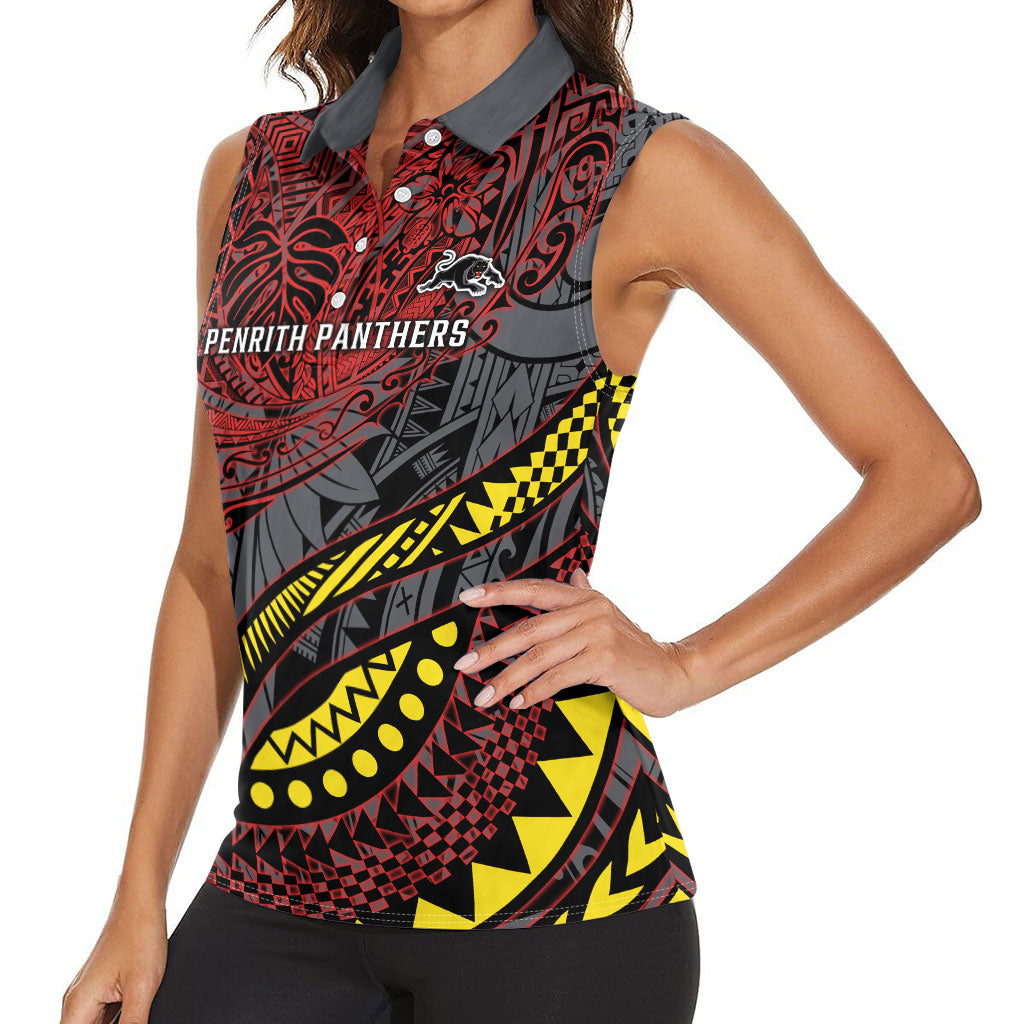 Personalised Penrith Panthers Women Sleeveless Polo Shirt Polynesian Tribal Art Style With Fierce Panther Mascot
