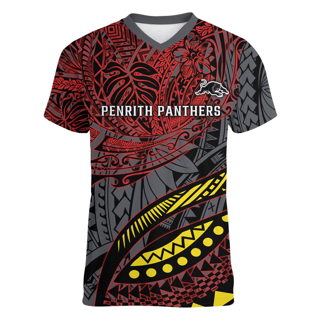 Personalised Penrith Panthers Women V-Neck T-Shirt Polynesian Tribal Art Style With Fierce Panther Mascot