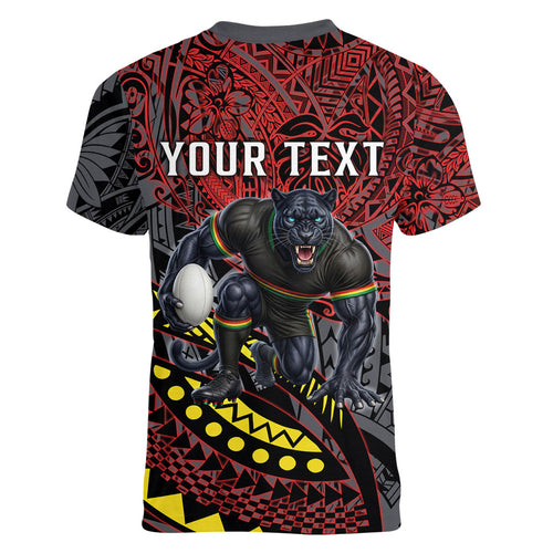 Personalised Penrith Panthers Women V-Neck T-Shirt Polynesian Tribal Art Style With Fierce Panther Mascot