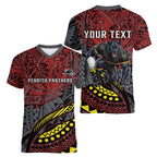 Personalised Penrith Panthers Women V-Neck T-Shirt Polynesian Tribal Art Style With Fierce Panther Mascot