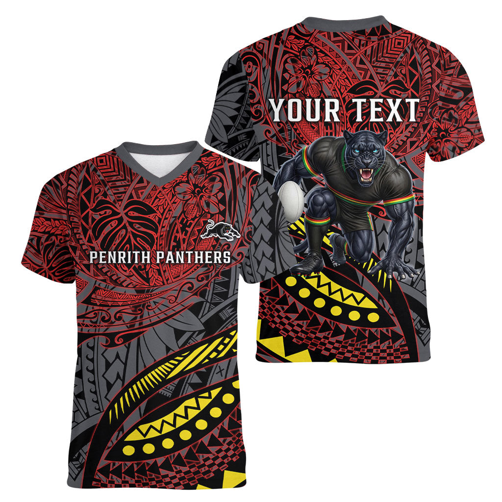 Personalised Penrith Panthers Women V-Neck T-Shirt Polynesian Tribal Art Style With Fierce Panther Mascot