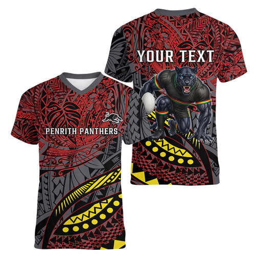 Personalised Penrith Panthers Women V-Neck T-Shirt Polynesian Tribal Art Style With Fierce Panther Mascot