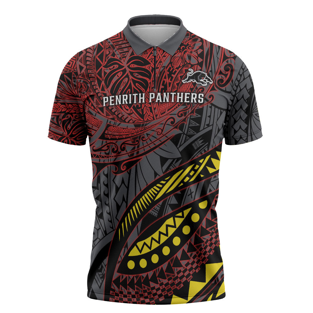 Personalised Penrith Panthers Zipper Polo Shirt Polynesian Tribal Art Style With Fierce Panther Mascot