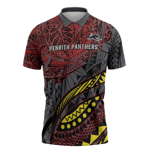 Personalised Penrith Panthers Zipper Polo Shirt Polynesian Tribal Art Style With Fierce Panther Mascot