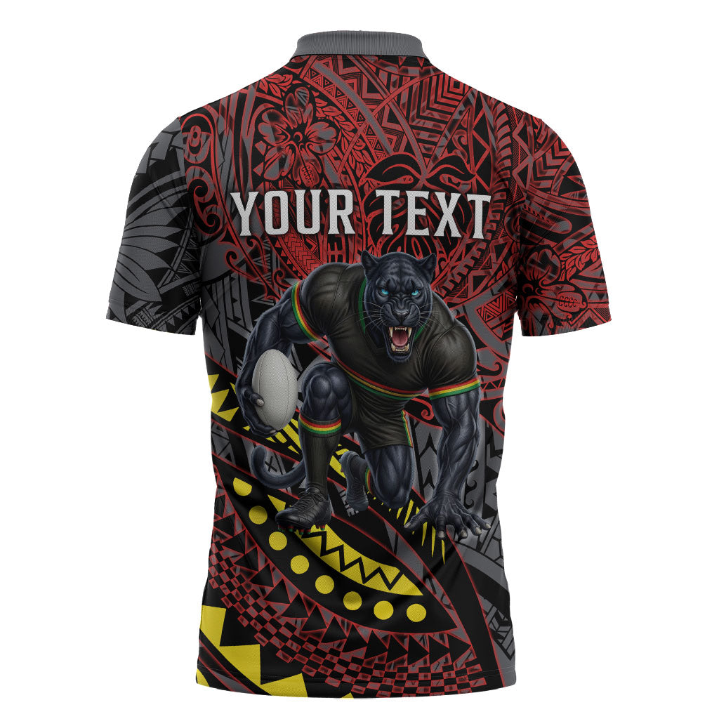 Personalised Penrith Panthers Zipper Polo Shirt Polynesian Tribal Art Style With Fierce Panther Mascot