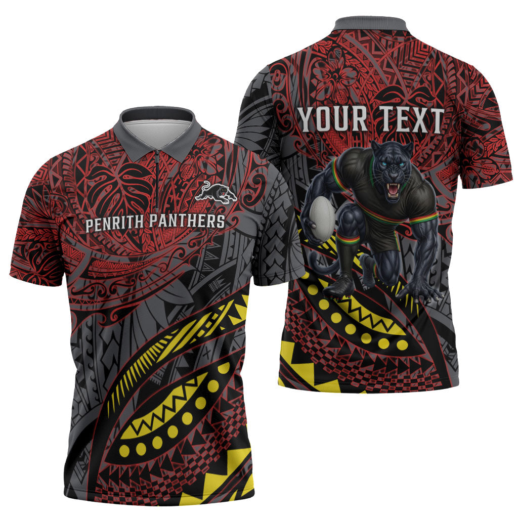 Personalised Penrith Panthers Zipper Polo Shirt Polynesian Tribal Art Style With Fierce Panther Mascot