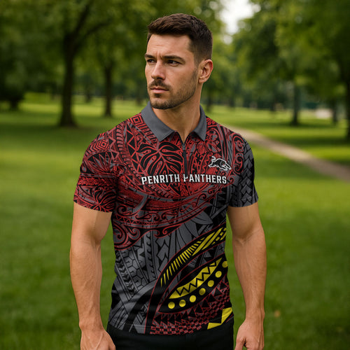 Personalised Penrith Panthers Zipper Polo Shirt Polynesian Tribal Art Style With Fierce Panther Mascot