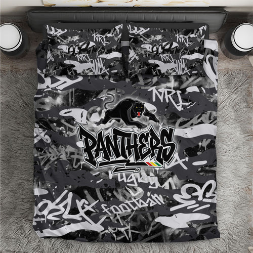 Penrith Panthers Rugby Bedding Set Graffiti Typography Urban Camo Abstract Street Style