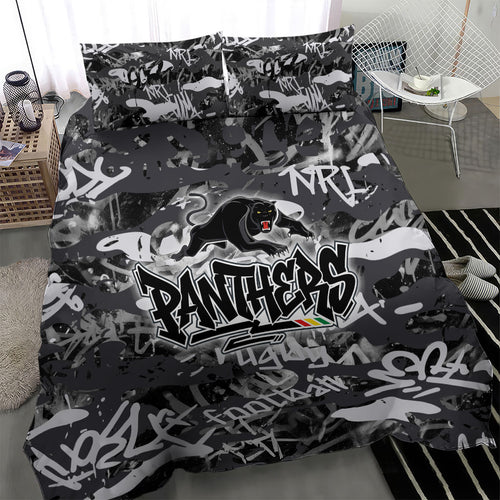 Penrith Panthers Rugby Bedding Set Graffiti Typography Urban Camo Abstract Street Style