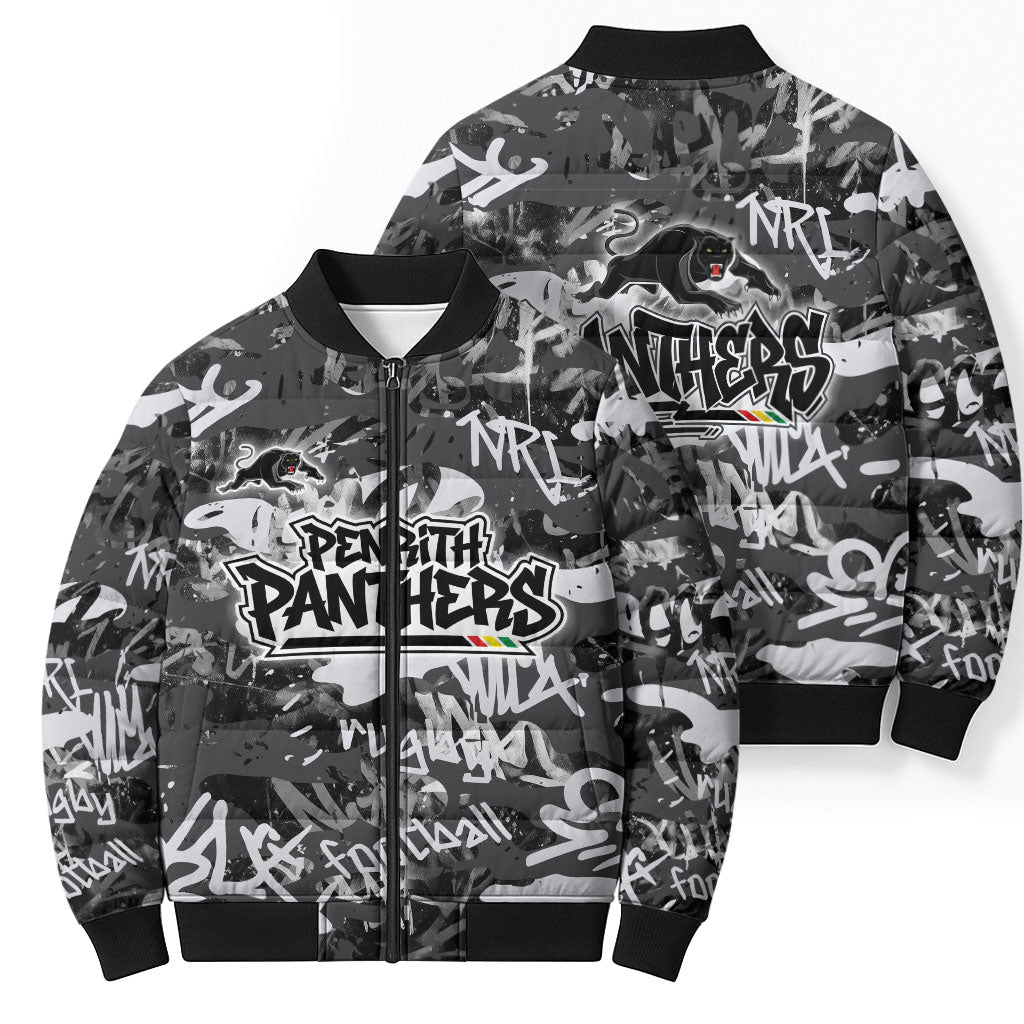 Penrith Panthers Rugby Bomber Puffer Jacket Graffiti Typography Urban Camo Abstract Street Style