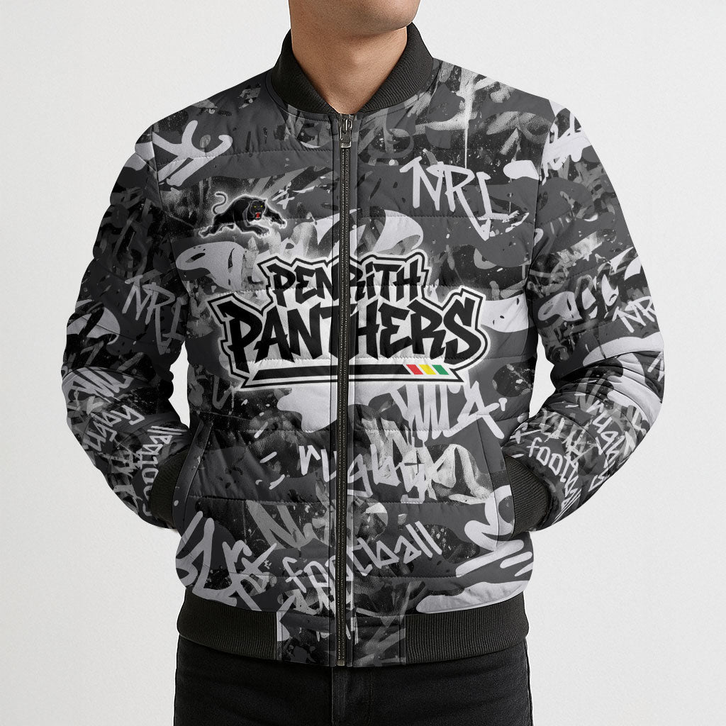Penrith Panthers Rugby Bomber Puffer Jacket Graffiti Typography Urban Camo Abstract Street Style