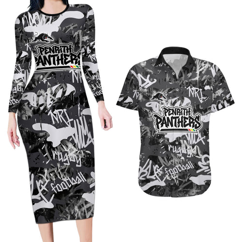 Penrith Panthers Rugby Couples Matching Long Sleeve Bodycon Dress and Hawaiian Shirt Graffiti Typography Urban Camo Abstract Street Style