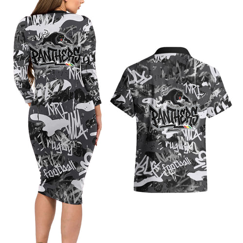 Penrith Panthers Rugby Couples Matching Long Sleeve Bodycon Dress and Hawaiian Shirt Graffiti Typography Urban Camo Abstract Street Style