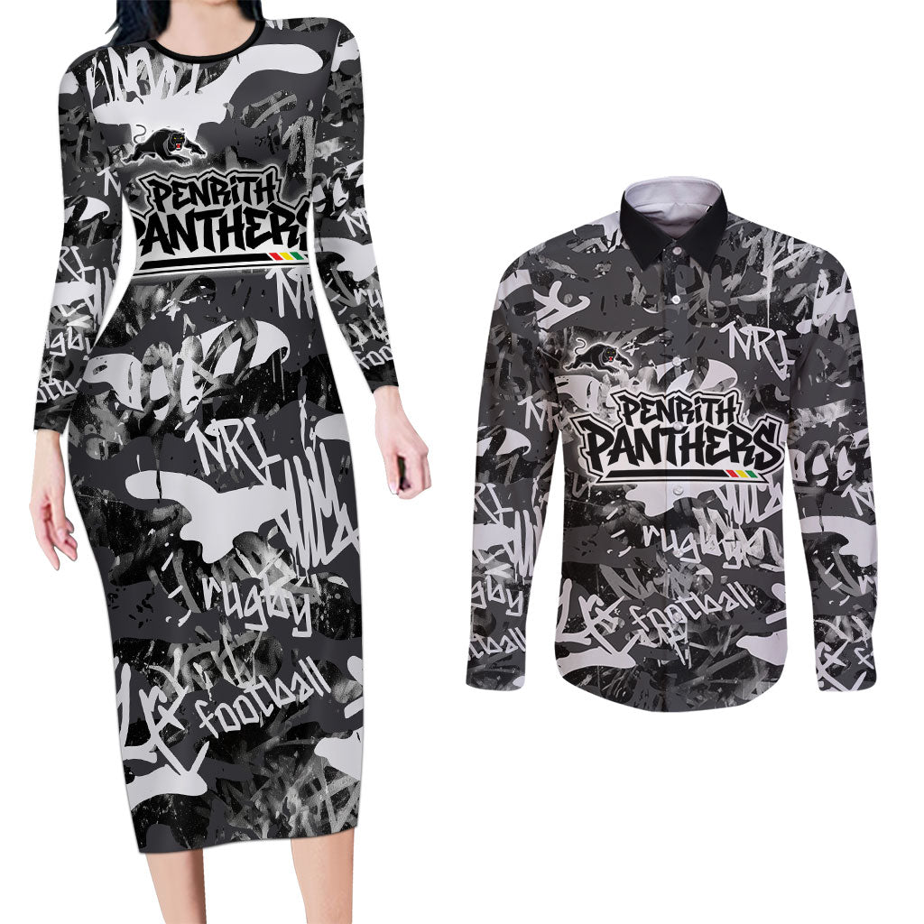 Penrith Panthers Rugby Couples Matching Long Sleeve Bodycon Dress and Long Sleeve Button Shirt Graffiti Typography Urban Camo Abstract Street Style