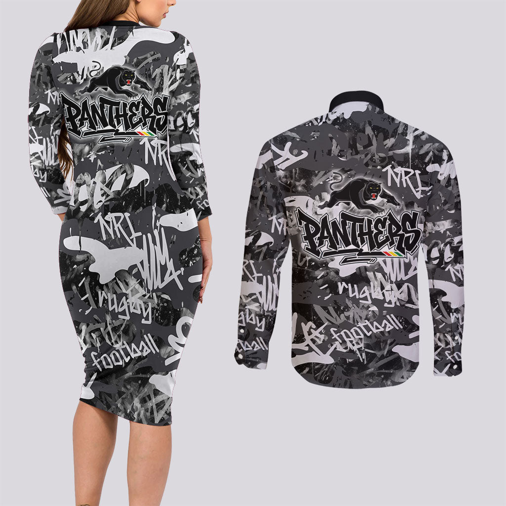 Penrith Panthers Rugby Couples Matching Long Sleeve Bodycon Dress and Long Sleeve Button Shirt Graffiti Typography Urban Camo Abstract Street Style