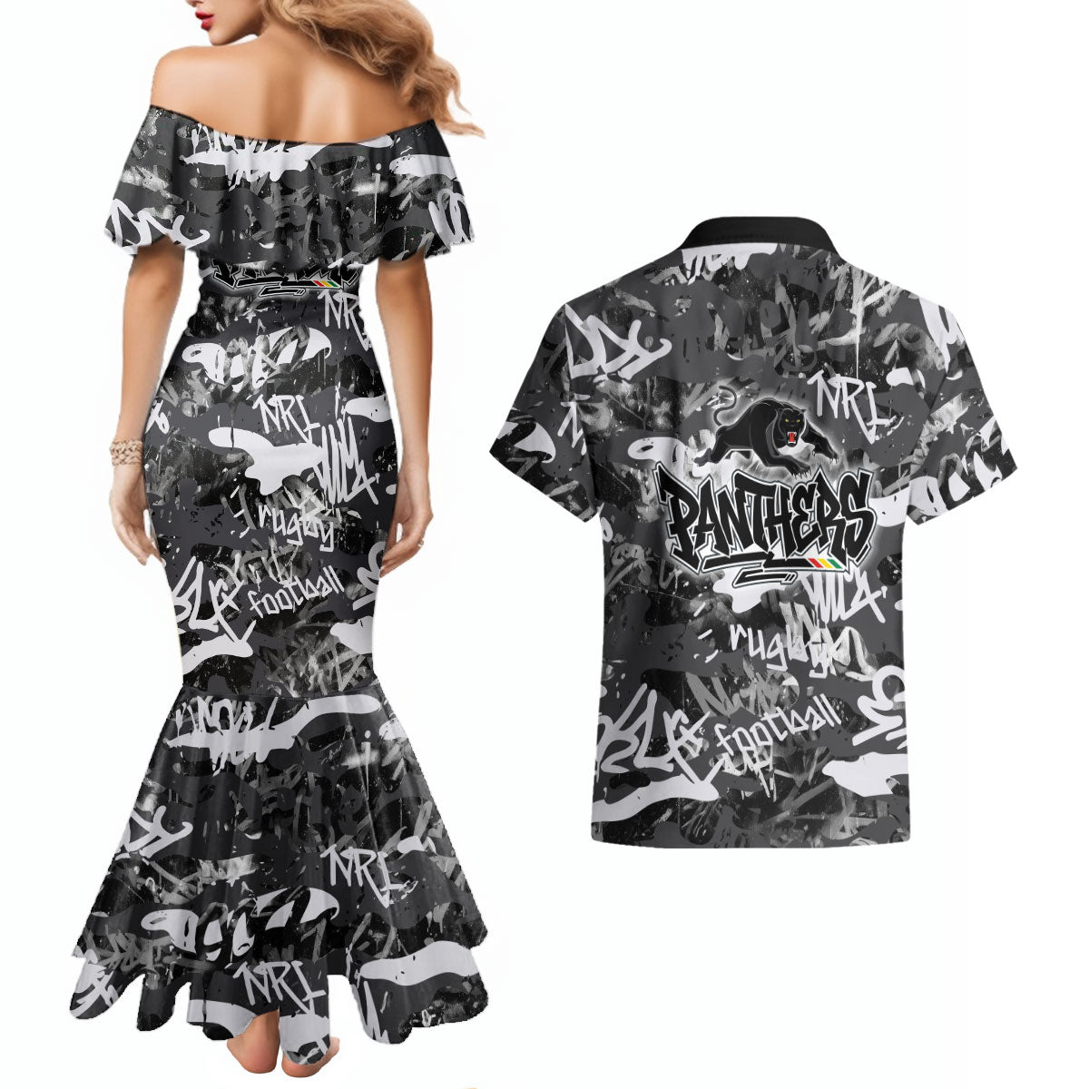Penrith Panthers Rugby Couples Matching Mermaid Dress and Hawaiian Shirt Graffiti Typography Urban Camo Abstract Street Style