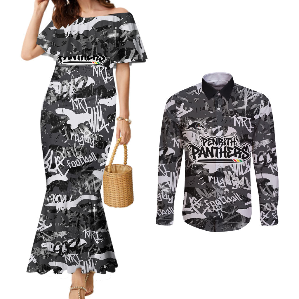 Penrith Panthers Rugby Couples Matching Mermaid Dress and Long Sleeve Button Shirt Graffiti Typography Urban Camo Abstract Street Style