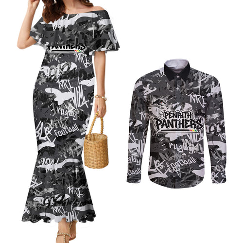 Penrith Panthers Rugby Couples Matching Mermaid Dress and Long Sleeve Button Shirt Graffiti Typography Urban Camo Abstract Street Style