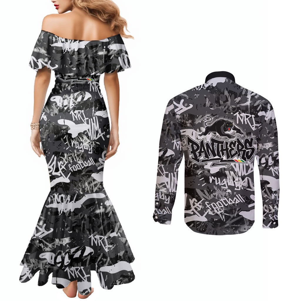Penrith Panthers Rugby Couples Matching Mermaid Dress and Long Sleeve Button Shirt Graffiti Typography Urban Camo Abstract Street Style