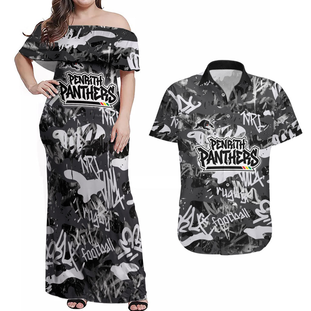 Penrith Panthers Rugby Couples Matching Off Shoulder Maxi Dress and Hawaiian Shirt Graffiti Typography Urban Camo Abstract Street Style