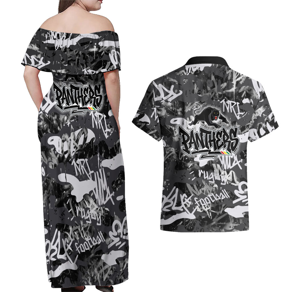 Penrith Panthers Rugby Couples Matching Off Shoulder Maxi Dress and Hawaiian Shirt Graffiti Typography Urban Camo Abstract Street Style