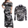 Penrith Panthers Rugby Couples Matching Off Shoulder Maxi Dress and Long Sleeve Button Shirt Graffiti Typography Urban Camo Abstract Street Style