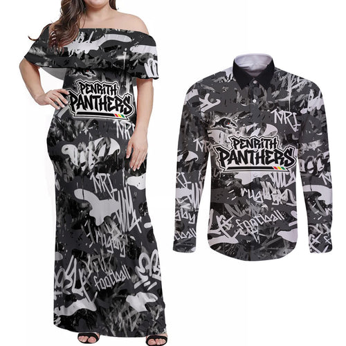 Penrith Panthers Rugby Couples Matching Off Shoulder Maxi Dress and Long Sleeve Button Shirt Graffiti Typography Urban Camo Abstract Street Style