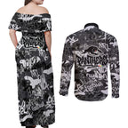 Penrith Panthers Rugby Couples Matching Off Shoulder Maxi Dress and Long Sleeve Button Shirt Graffiti Typography Urban Camo Abstract Street Style