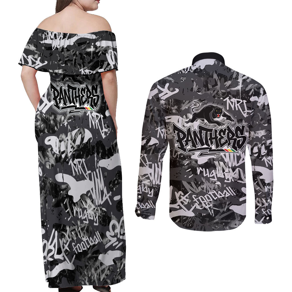 Penrith Panthers Rugby Couples Matching Off Shoulder Maxi Dress and Long Sleeve Button Shirt Graffiti Typography Urban Camo Abstract Street Style