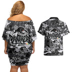 Penrith Panthers Rugby Couples Matching Off Shoulder Short Dress and Hawaiian Shirt Graffiti Typography Urban Camo Abstract Street Style