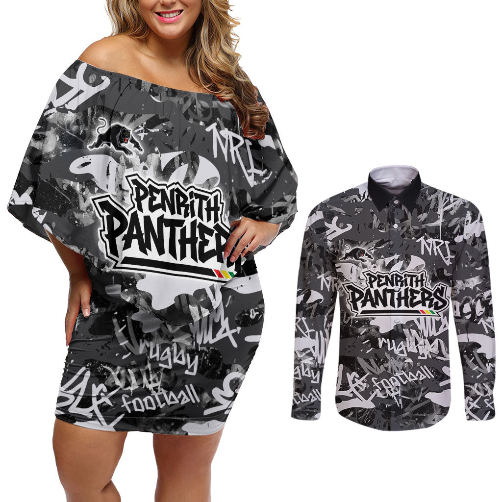 Penrith Panthers Rugby Couples Matching Off Shoulder Short Dress and Long Sleeve Button Shirt Graffiti Typography Urban Camo Abstract Street Style