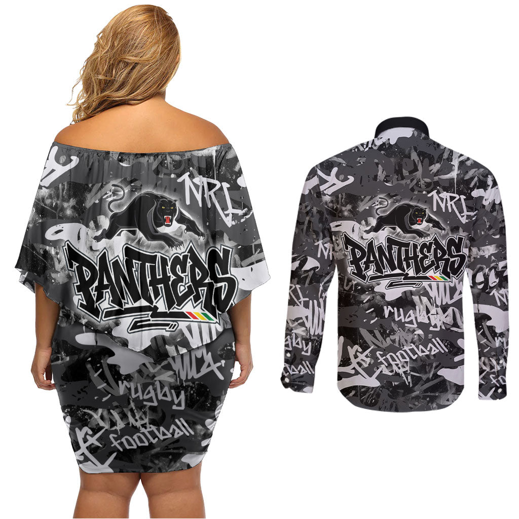 Penrith Panthers Rugby Couples Matching Off Shoulder Short Dress and Long Sleeve Button Shirt Graffiti Typography Urban Camo Abstract Street Style